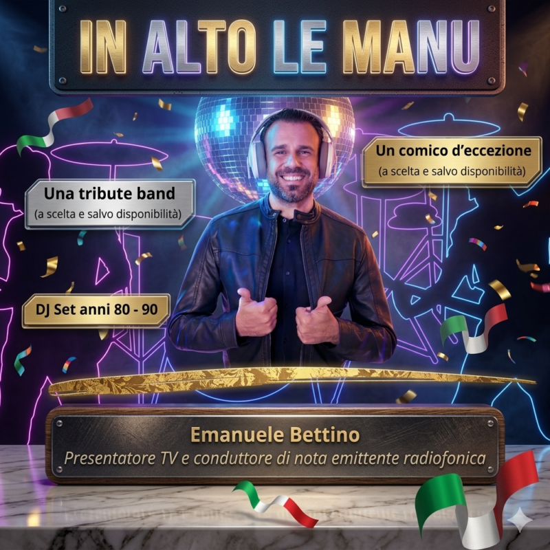 Conduce l’evento Emanuele Bettino, accompagnerà momenti di musica e satira. Il format “In alto le Manu” prevede l’esibizione live di musica italiana e l’intrattenimento di comici d’eccezione locali. Conclude il tutto momento DJ con musica anni 80 - 90